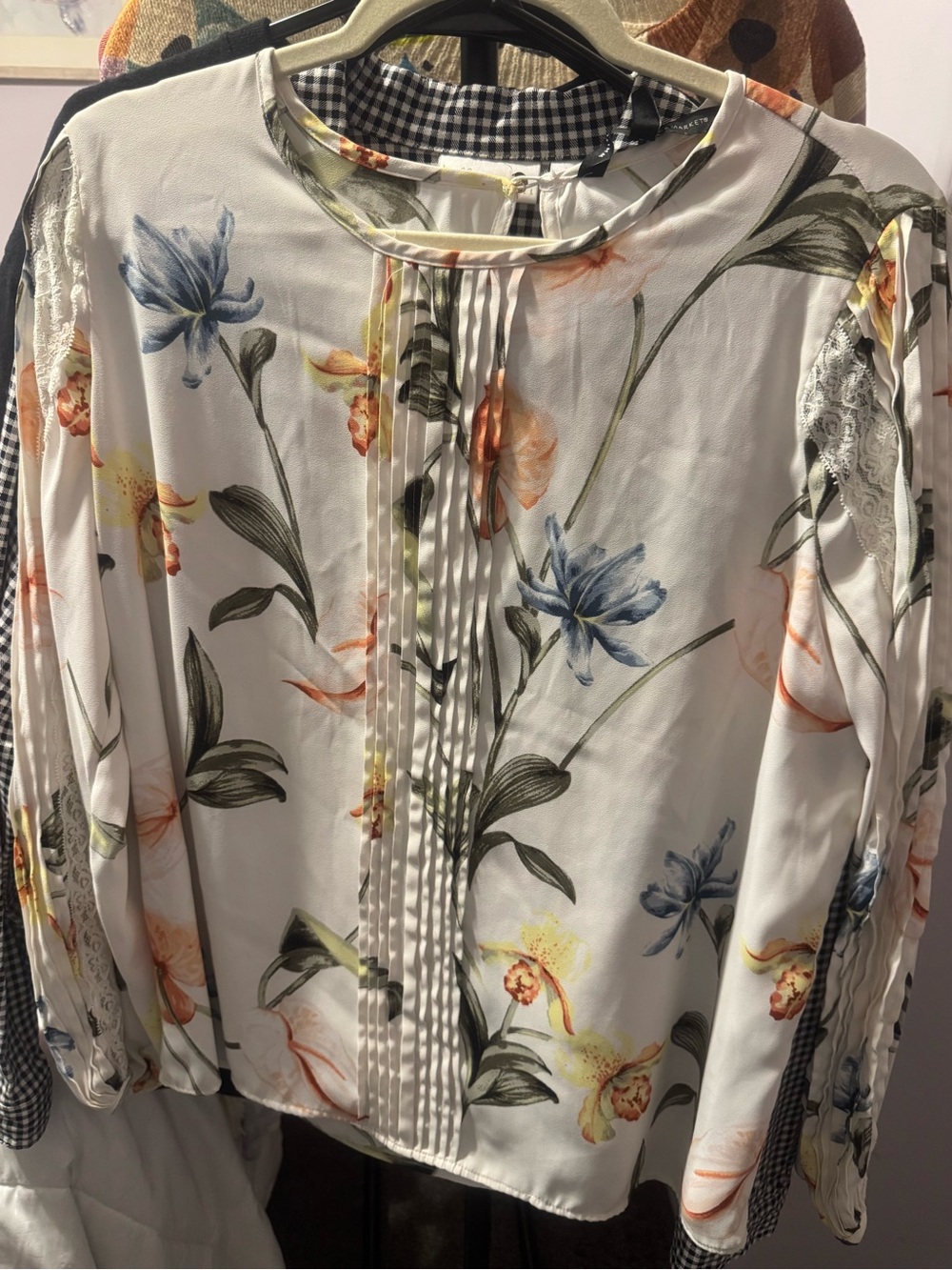 White House Black Market Floral Pintuck Front Blouse - White with Blue & Peach